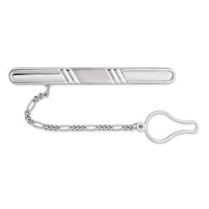 Rhodium Plated Sterling Silver Grooved with Button Chain Long Tie Bar